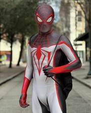 White PS5 Miles Morales Spiderman Cosplay Costume Bodysuit Hallween Party Adult