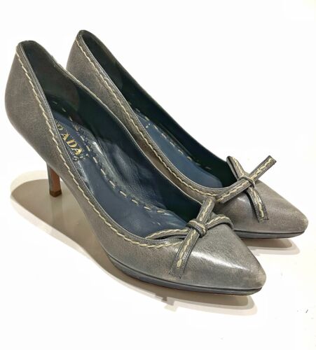 PRADA Classic Blue Gray Pastel Leather Bow Trim Stitched High Heel Pumps 7.5 38 - Picture 4 of 7