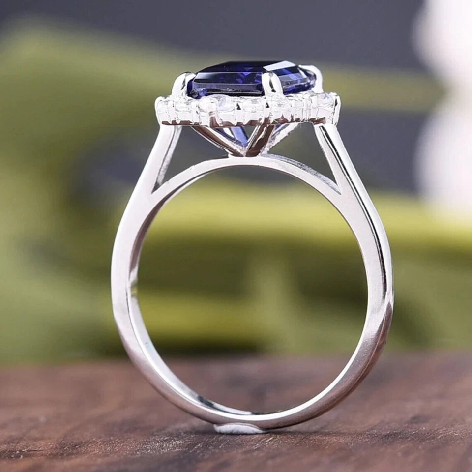 4 Kt Smaragd Blau Diamant Trauring Hochzeit Ring Verlobungsring Weißgold-Finish - Bild 3 von 4