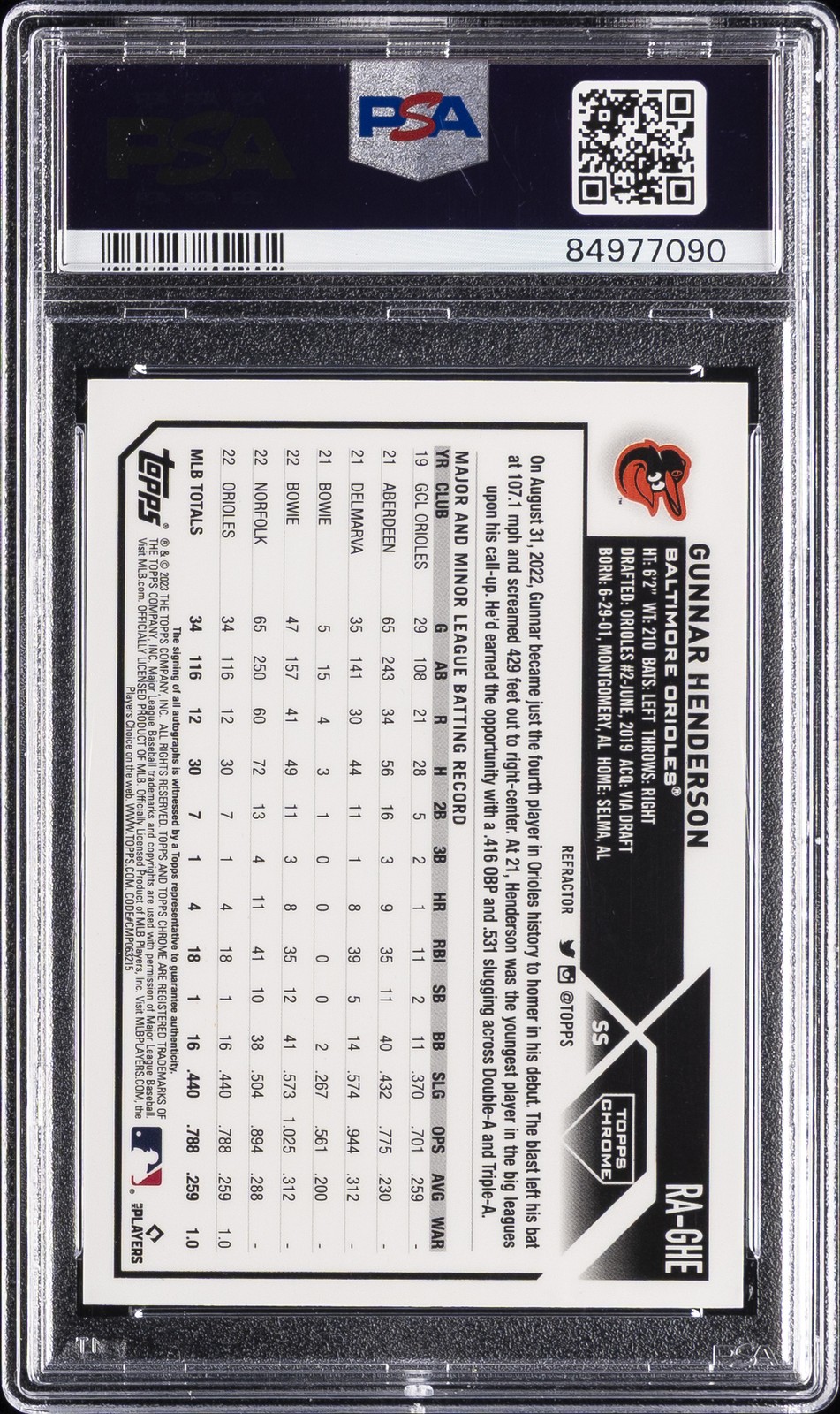 2023 TOPPS CHROME ROOKIE AUTO REFRACTOR GUNNAR HENDERSON RC 153/499 PSA 10 view 2