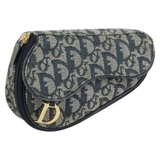 Christian Dior Trotter Canvas Saddle Pouch Blue Gold Auth 147560