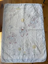 VTG Handmade Embroidered Baby Quilt Blanket Circus Elephants & Balloons 34.5x 50