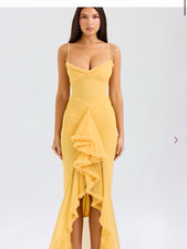 HOUSE OF CB Yellow Mesh Cowl Neck Ruffle Maxi Dress Zip, Size L