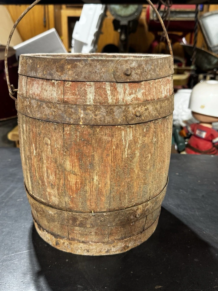 Rare Vintage Antique Lg Size 10" Wooden Wood Paint Pail Barrel Bucket - Image 2 of 4