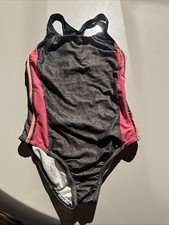 Speedo Swimsuit Girl's sz 14 Gray/Black Pink Peach trim One Piece EUC