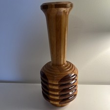 Vintage Artist Turned Mixed Wood Vase .   13  Tall Base 4 1/2  Wide