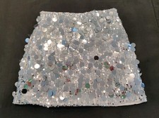 SHEIN Stretch Silver Sequin Mini Skirt Womens Sz Small 4 Pull On Disco Ball EUC
