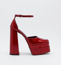 Nasty Gal, TRENDY Red glitter patent 6.5" block heel double platforms, SZ 9