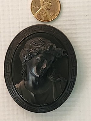 Antique 3D Victorian Vulcanite Cameo Brooch/Pin, Greek Key Design Border