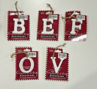 NEW Stocking Monograms White wooden letter E, B, F, V, O Christmas tree ornament