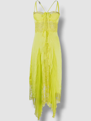 Versace Pleated Lace Strappy Bustier Midi Dress, Tropical Yellow, Women's, 6, Cocktail & Party Wedding Guest Dresses Midi Dresses