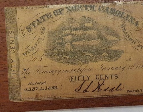 1863 Confederate North Carolina Confederate $.50 Paper Note On Wood Plank(B-3) - Picture 2 of 5