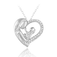 925 Silver CZ Mother Holding Baby Heart Necklace, 18"