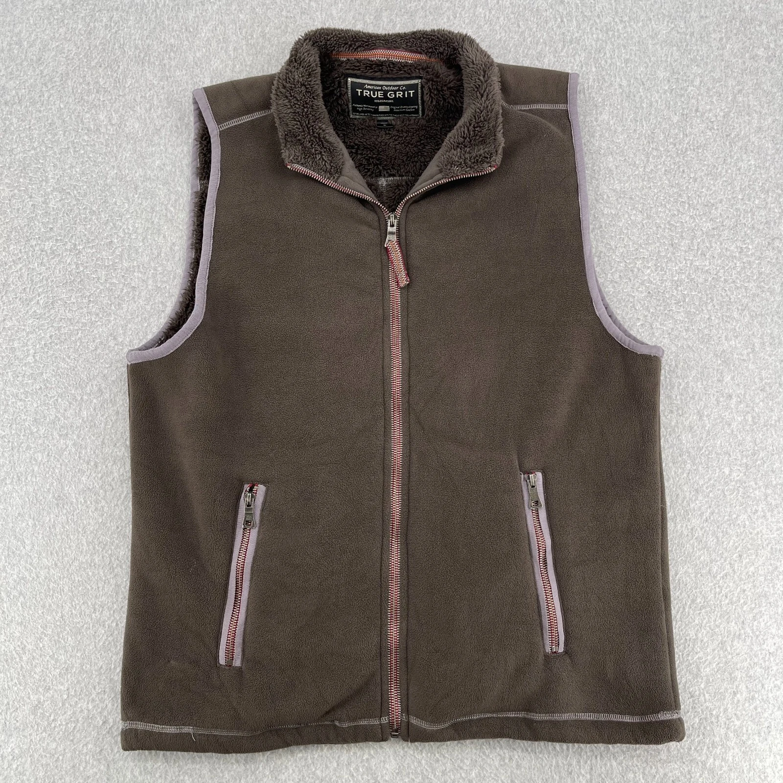 True Grit Vest Men's Medium Cigar Brown Full Zip Side Pocket Faux Fur Fleece