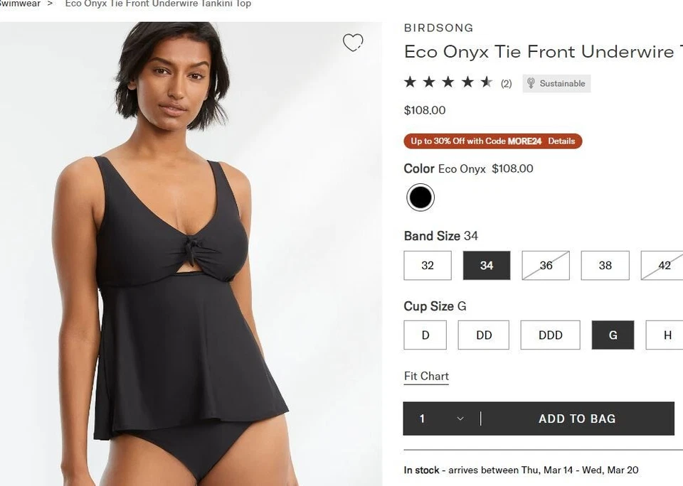 Camiseta de natación Tankini Birdsong Bare Necessities talla 38D con aros negra con lazo frontal Foto 2 de 4