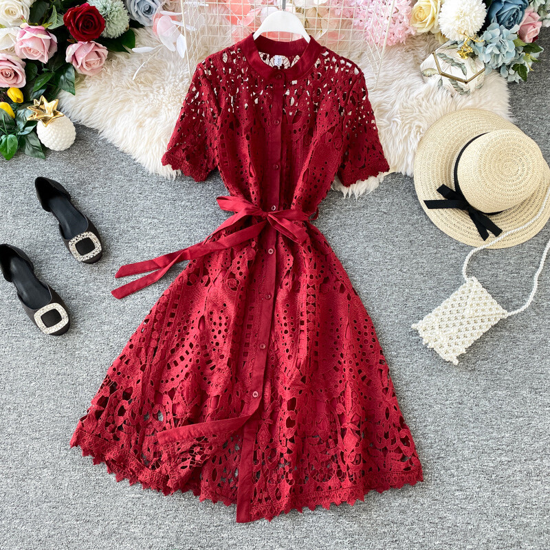 Women Midi Dress Lace Hollow Out Short Sleeve Button A-line Elegant Summer  Retro | eBay