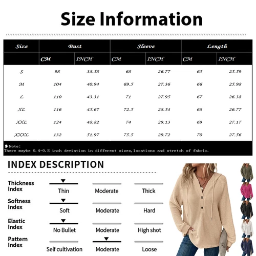 Women's hooded waffle knit button V-neck long sleeved sweater sweatshirt top- - Bild 4 von 43