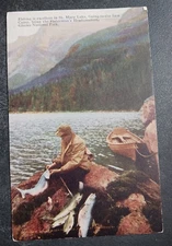 vtg postcard Fishing St Mary Lake Going-To-The-Sun Camp Glacier National Park AK