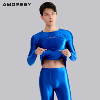 AMORESY Men Satin Shiny T-Shirts Long Sleeve Stretch Running