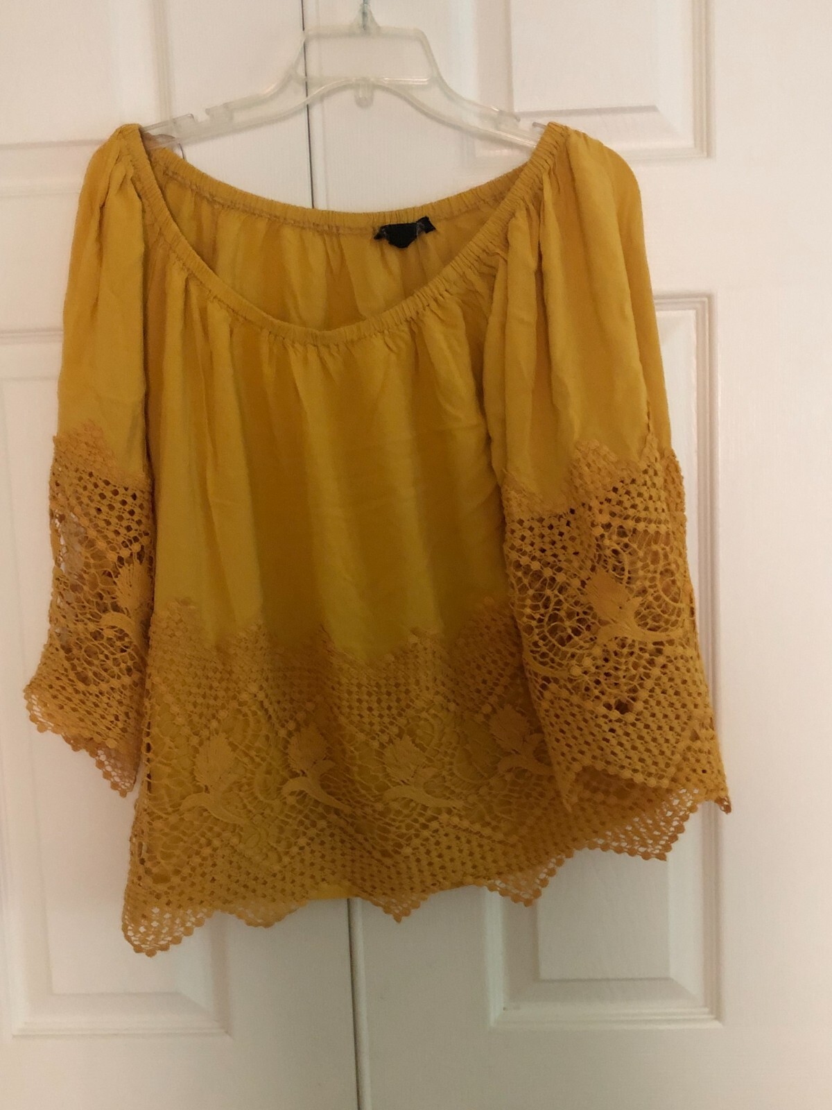 Miss Lili Plus Size 1X Off Shoulder Mustard Yellow Lace Trim Top Blouse Women
