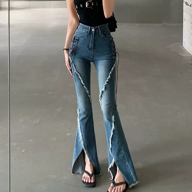 Retro Women Flared Jeans Stretch Bell Bottom Denim Pants Raw Hem