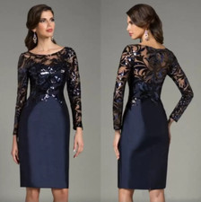 Navy Blue Knee Length Mother Of The Bride Dresses Long Sleeve Boat Neck Evening