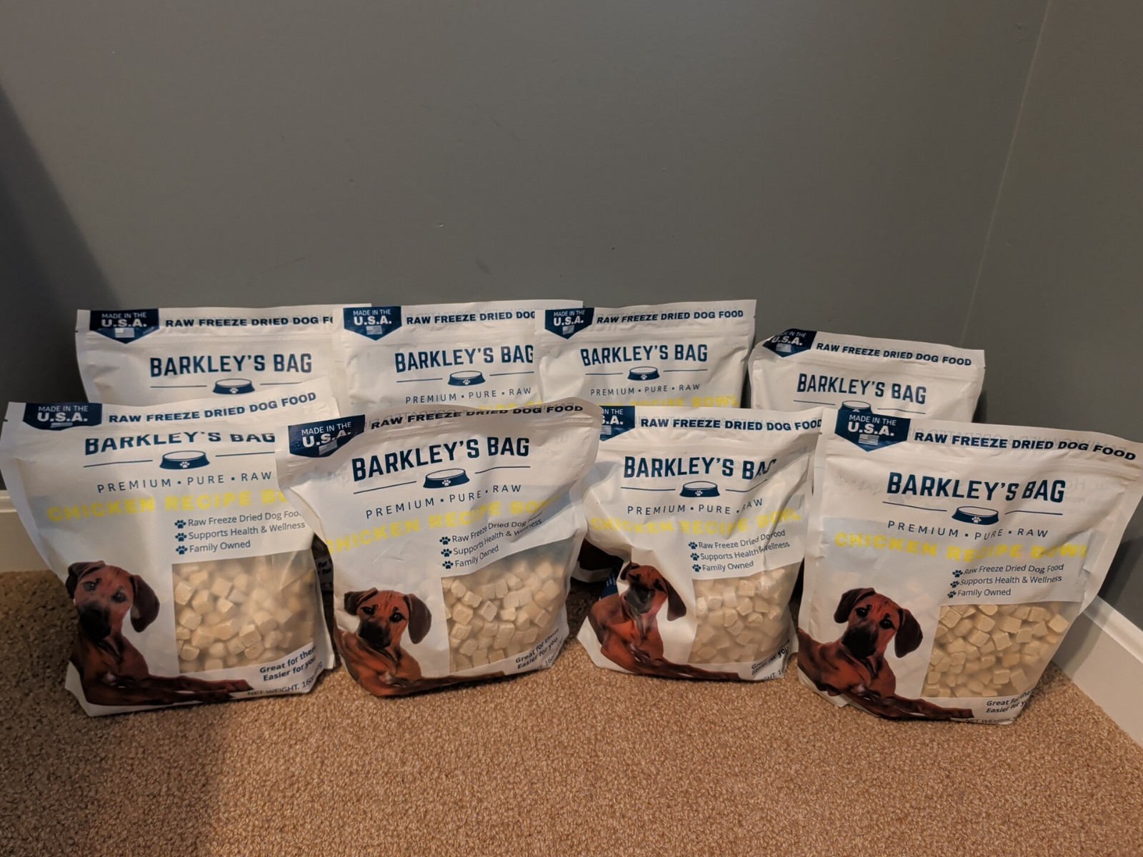 Lot Of 8 Bags (16 Oz Ea) Barkley&rsquo;s Bowls Freeze-Dried Raw Chicken Dog Food, New!