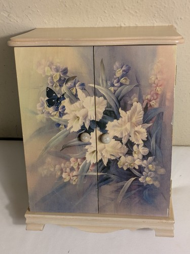 Vintage Yellow Wooden Side By Side 4 Drawers Jewelry Box Lilies Gorgeous 11½" - Picture 1 of 21