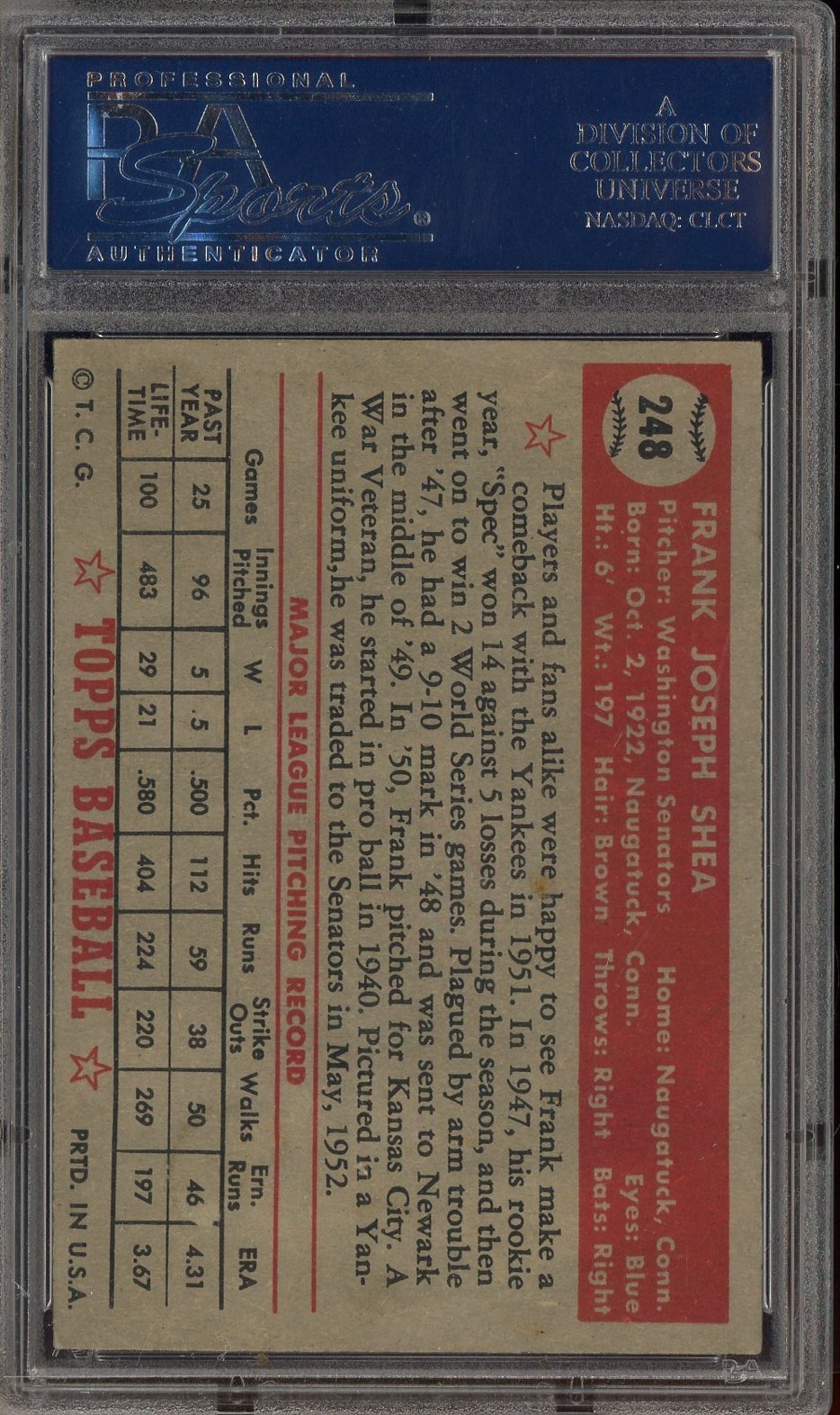 1952 Topps #248 Frank Shea New York Yankees PSA 2 GOOD view 2