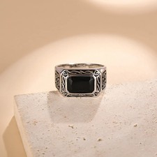 Men's Celtic-Patterned Onyx Ring, 925 Sterling Silver Ring,Handcrafted,Gemstone