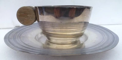 TASSE à CAFÉ Thé Anse BOIS Métal Argenté Poinçons GR Colombe 6 + SOUS TASSE - Photo 1/4