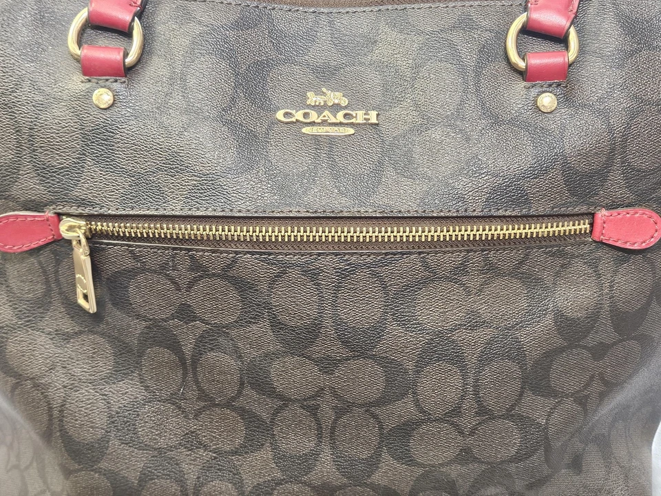 Coach Signature Tote Bag Womens Brown Red Coated Canvas Zip Top Shoulder 79609 - Image 3 of 4