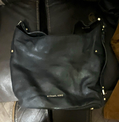 Michael Kors Black Shoulder Bag Zip Closure Gold Hardware MK Logo Charm Pockets