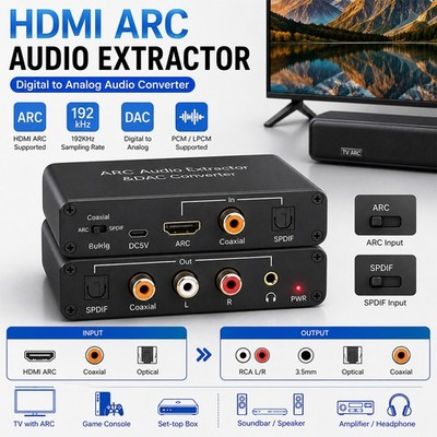 HDMI ARC Audio Extractor 192KHz DAC Converter SPDIF Optical Coaxial RCA 3.5mm