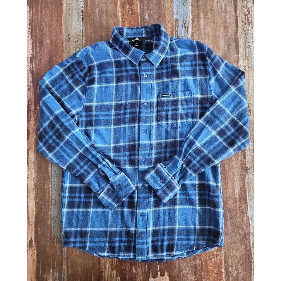 Volcom Men's Blue Plaid Flannel 100% Cotton Long Sleeve Button Up Shirt Medium - Image 2 of 4