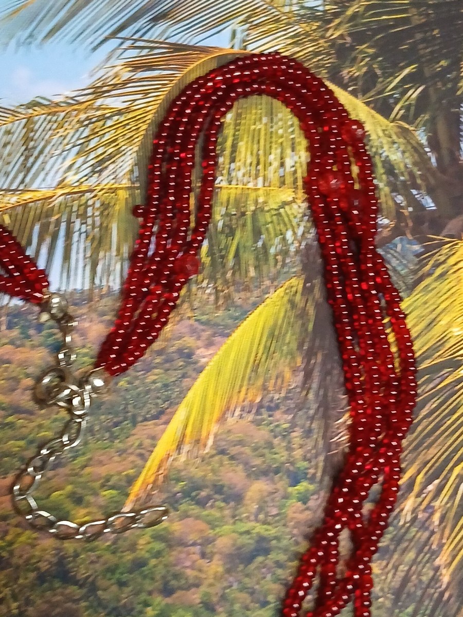 Four Strand Deep Red Glass Seed Bead Necklace with Scattered Faceted Crystals View 6