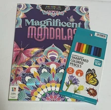 Kaleidoscope Adult Magnificent Mandalas w/12 Colored Pencils by Hinkler NEW