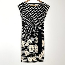 Taylor Black White Striped Floral Sheath Dress Tie Waist Size 8