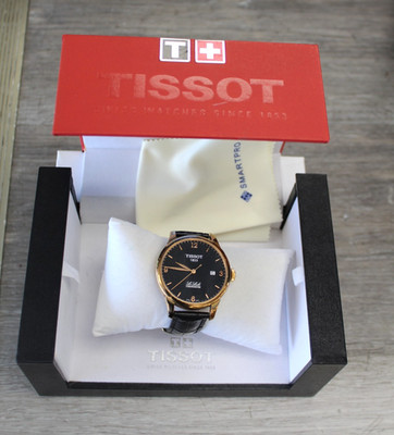 Tissot Le Locle Automatic 39mm Black Dial Rose Gold Leather Date 25J 30m w/Box