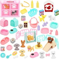 59 Pieces Pet Pretend Play Mini Dog Figures Playset Dogs Care Role Play Mini Dog