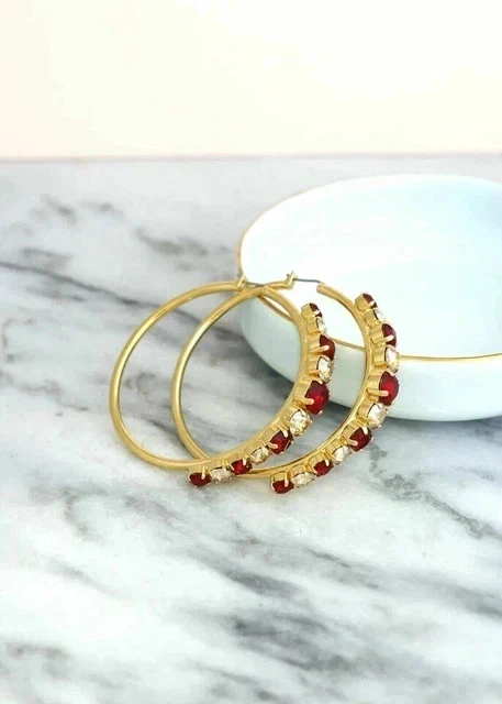 2Ct Round Cut Lab Created Red Ruby Women's Hoop Earrings 14K Yellow Gold Plated - Image 2 of 3