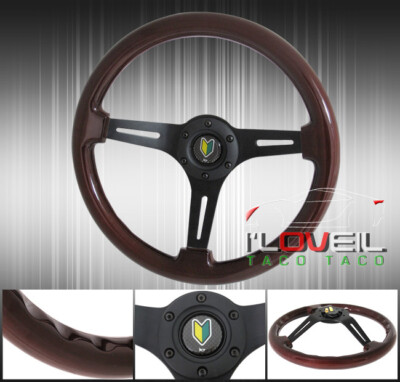 345mm Dark Wood Black Center 6-Bolt Hole Design Steering Wheel + Jdm Wakaba Mark