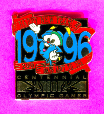 1996 OLYMPIC PIN HAPPY NEW YEAR IZZY LARGE PIN 200 DAYS LEFT TO
