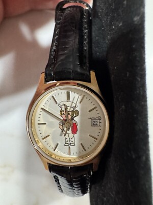Rare Hamilton Chef Watch 9812 Campbells Soup Black Buckle Band Round WORKS GREAT