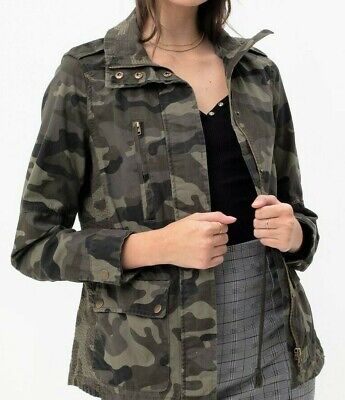 MU2M Women Fashuon Camouflage Print Lapel Long Sleeves Crop Top Jacket 
