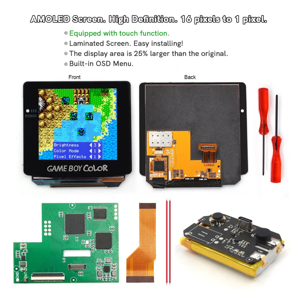 Touch Pre-Laminated OLED Screen Kit+Pre-cut Case W/Rechargeable Battery For GBC - Image 3 of 4