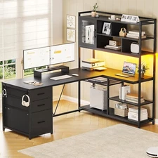 L Shaped Computer Desk, 58'' Office Desk with 3 Drawers, Shelves and LED Lights