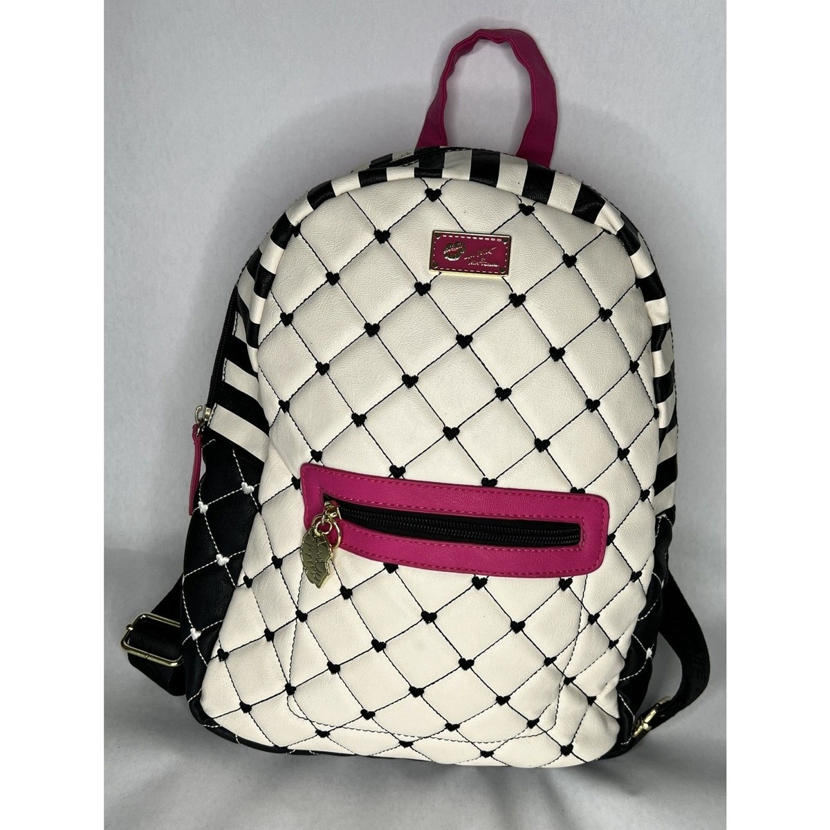 LUV BETSEY JOHNSON Backpack Black/White Stripe, Pink Trim, Funny Face Betsey Johnson Backpack Striped Bags & Handbags for Women  main image 3
