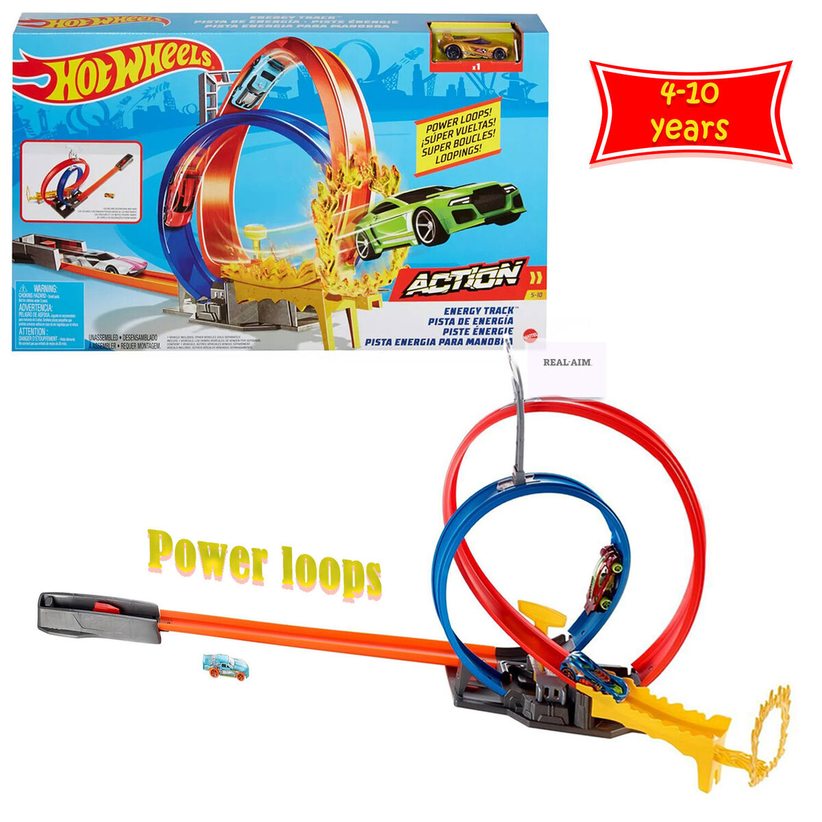 Hot Wheels Action Energy Track Double Power Loops Track Set 3 Cars