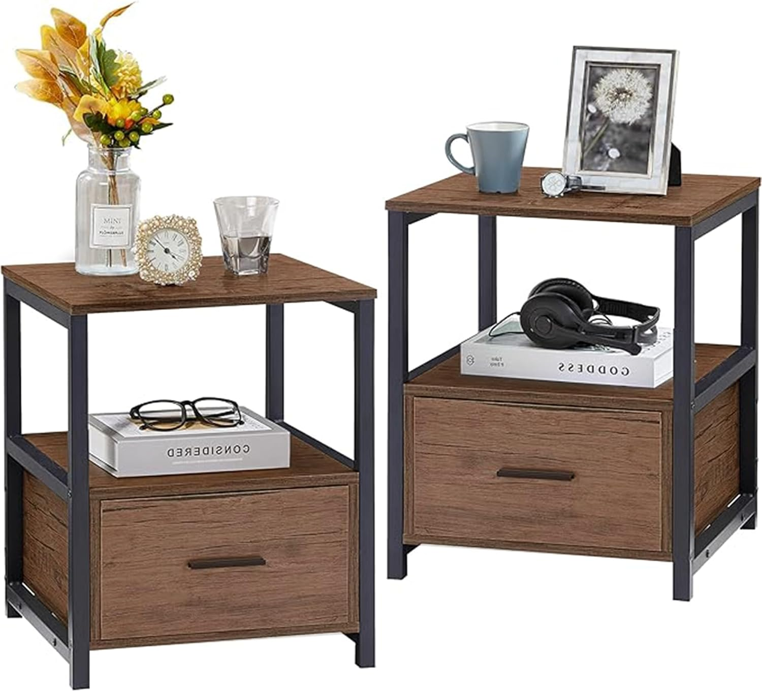 Nightstand Set of 2 with Wooden Drawer & Open Shelf Ideal for Small Spaces-image